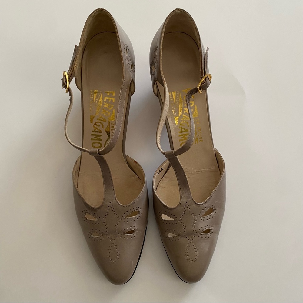 Salvatore Ferragamo Taupe Leather T-Strap Heels